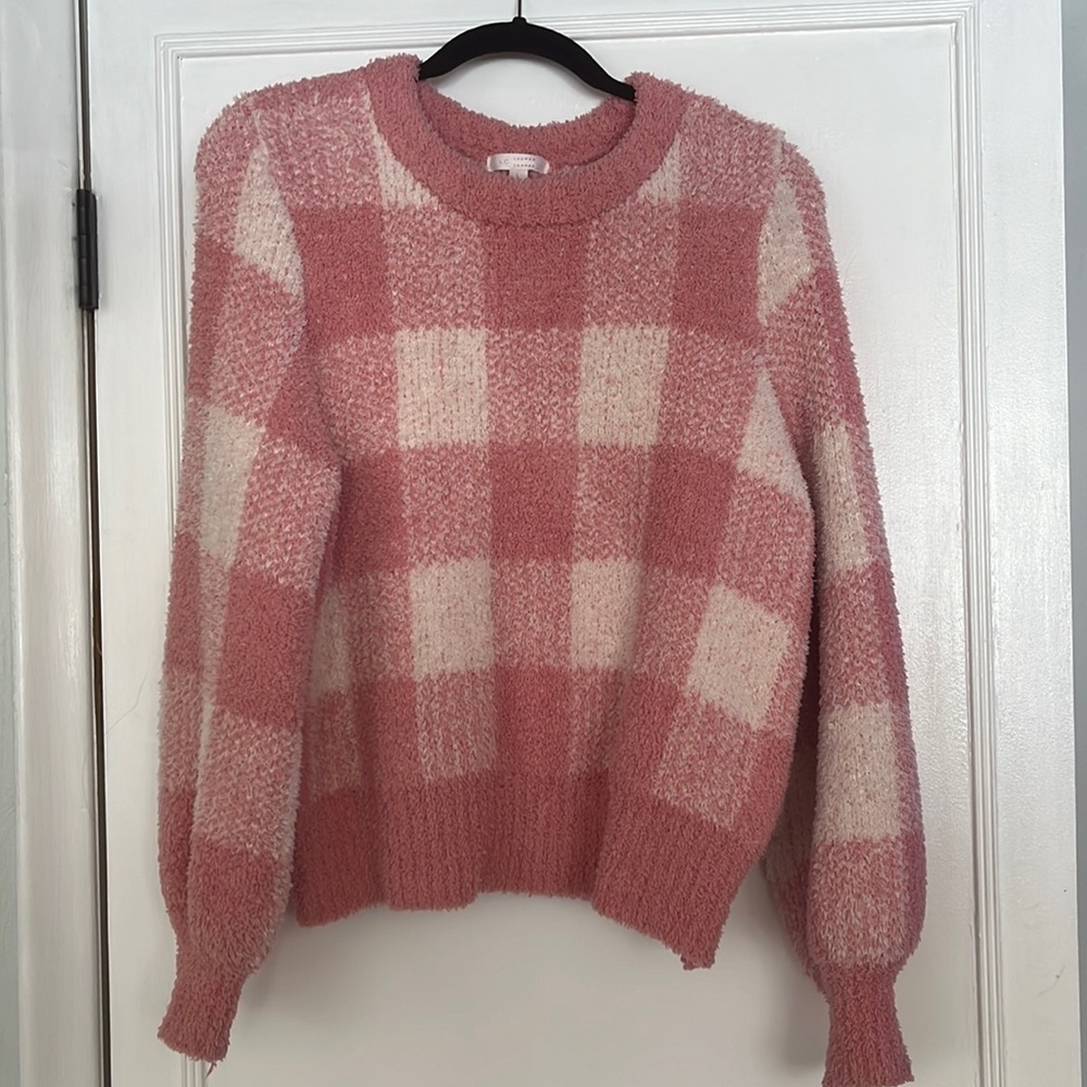 Pink and white fuzzy plaid sweater